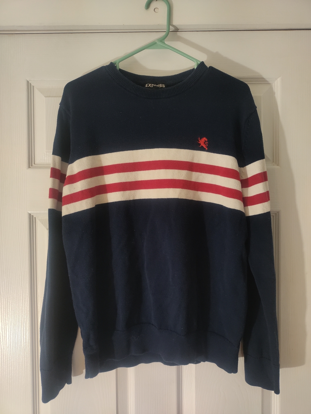 Express Navy Crewneck Sweater with Red & White Stripes - Picture 1 of 3